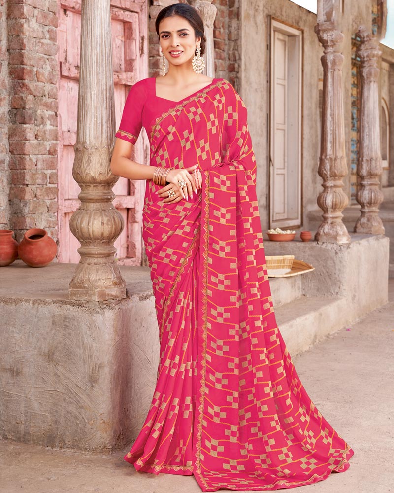 Vishal Prints Deep Rose Pink Printed Criva Crepe Saree With Fancy Border
