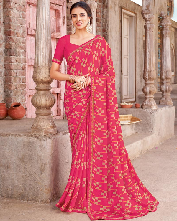Vishal Prints Deep Rose Pink Printed Criva Crepe Saree With Fancy Border