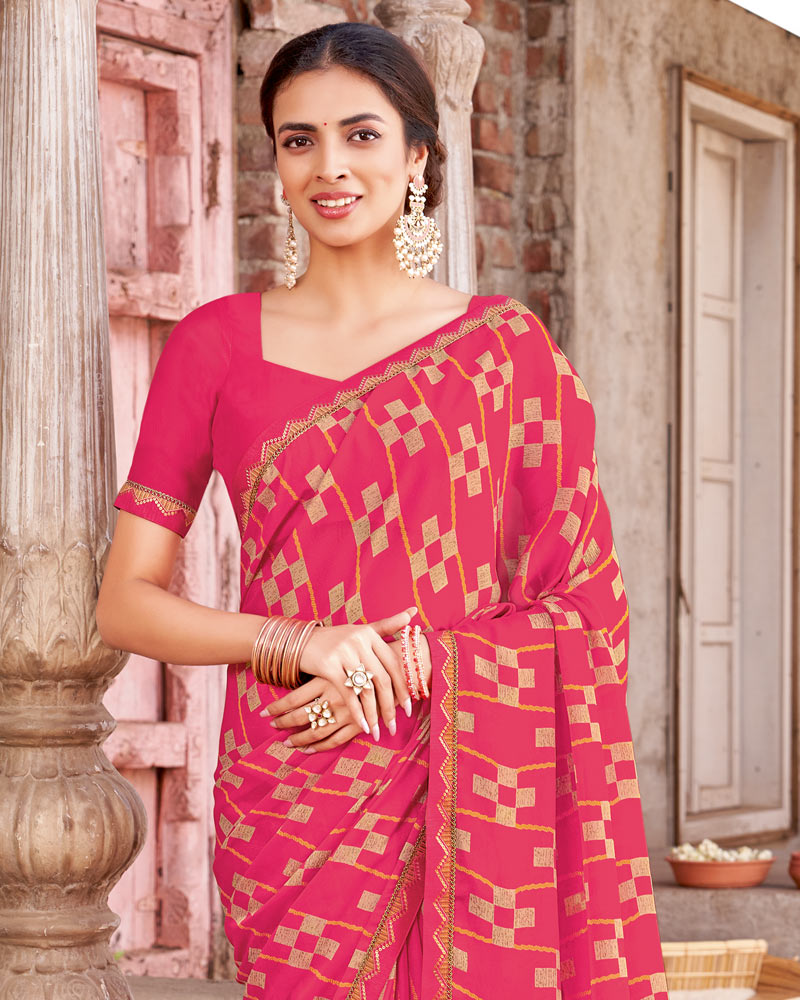 Vishal Prints Deep Rose Pink Printed Criva Crepe Saree With Fancy Border