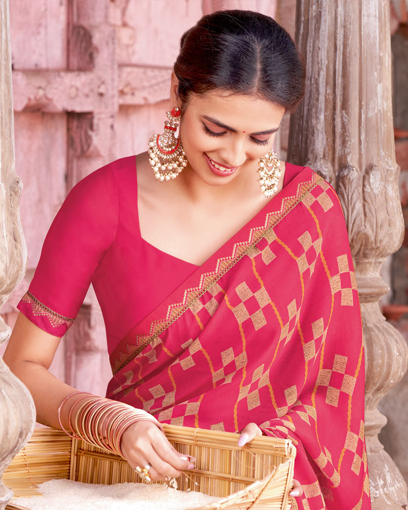 Vishal Prints Deep Rose Pink Printed Criva Crepe Saree With Fancy Border