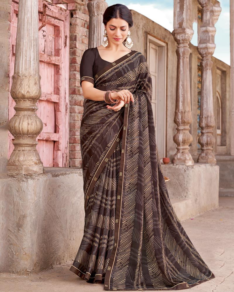 Vishal Prints Coffee Brown Printed Criva Crepe Saree With Fancy Border