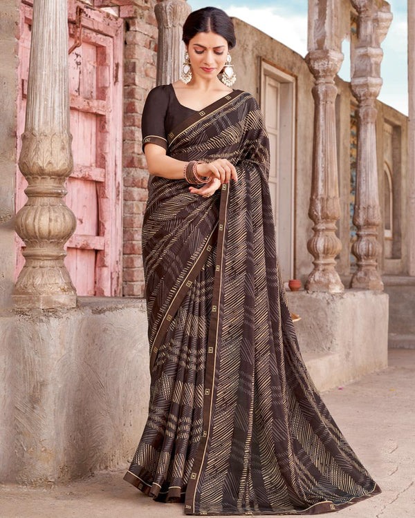 Vishal Prints Coffee Brown Printed Criva Crepe Saree With Fancy Border