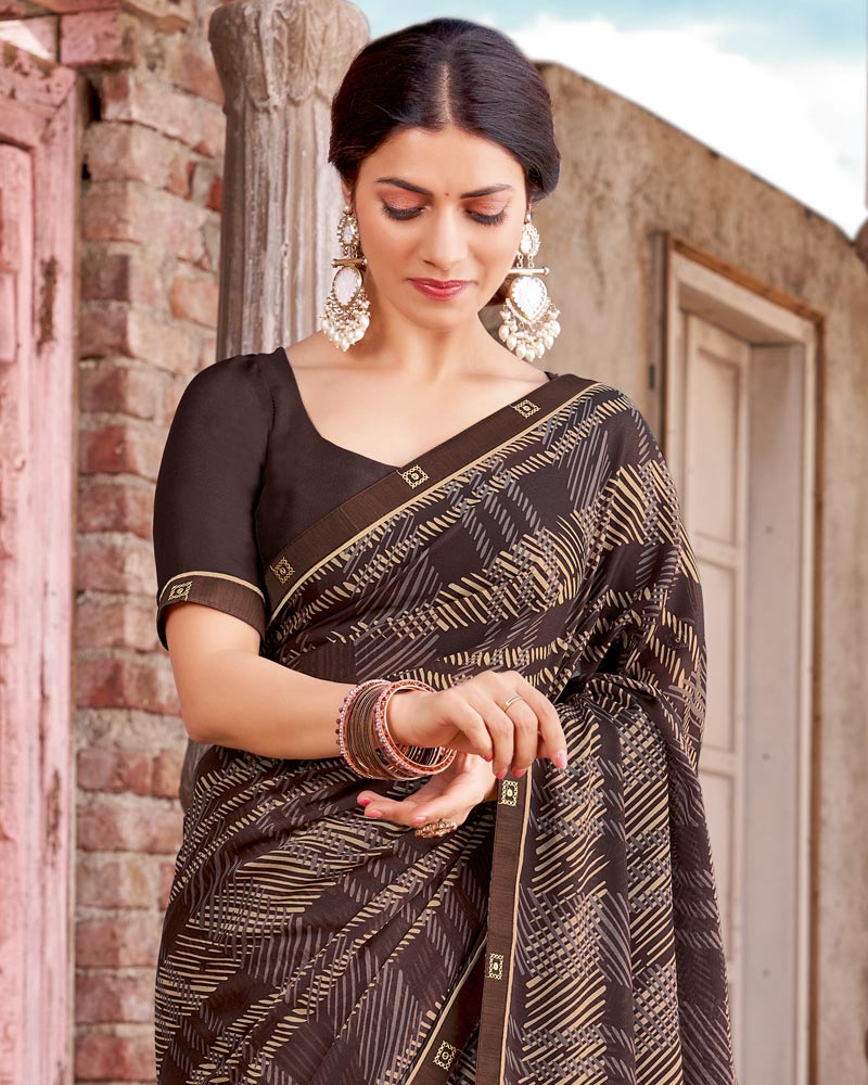 Vishal Prints Coffee Brown Printed Criva Crepe Saree With Fancy Border
