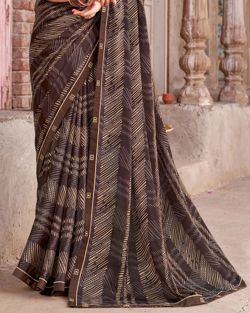 Vishal Prints Coffee Brown Printed Criva Crepe Saree With Fancy Border