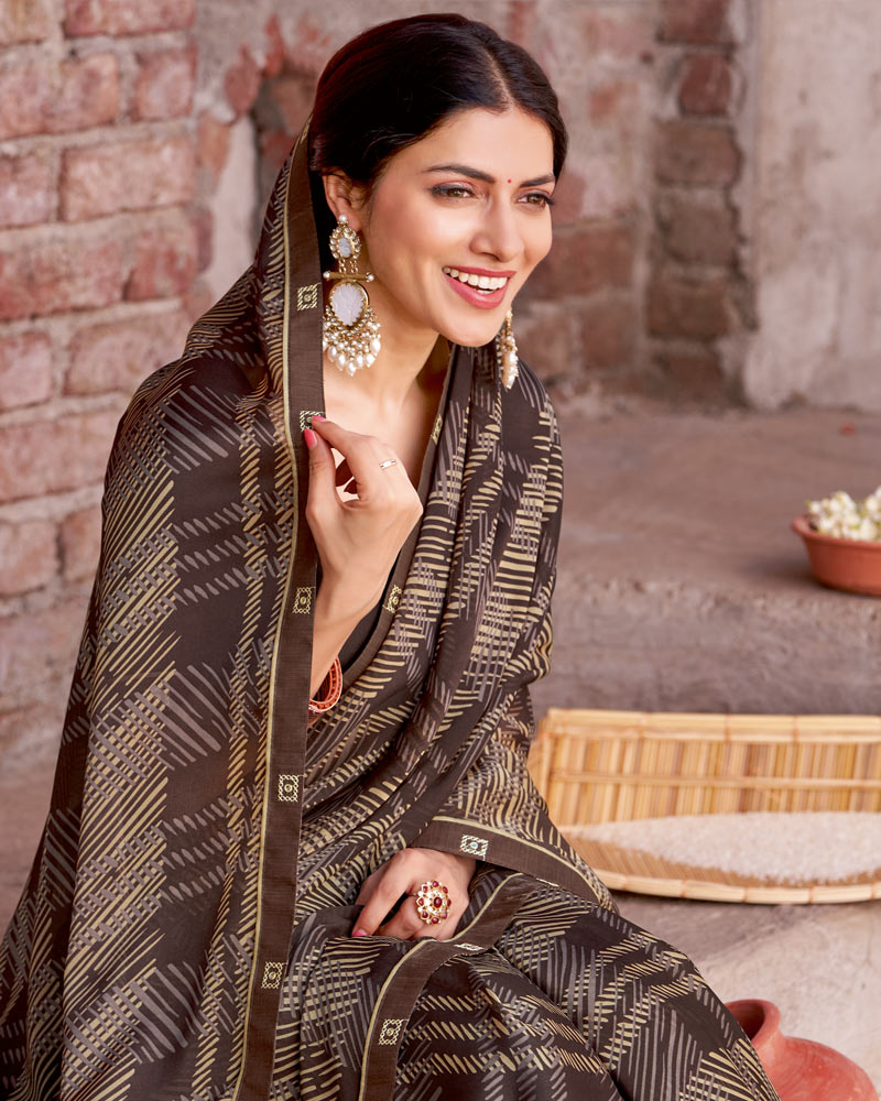 Vishal Prints Coffee Brown Printed Criva Crepe Saree With Fancy Border