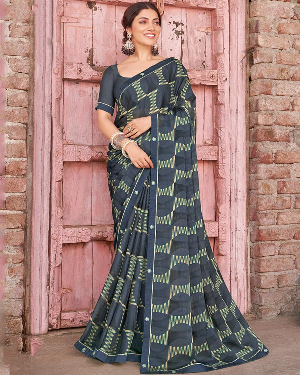 Vishal Prints Bright Grey Printed Criva Crepe Saree With Fancy Border