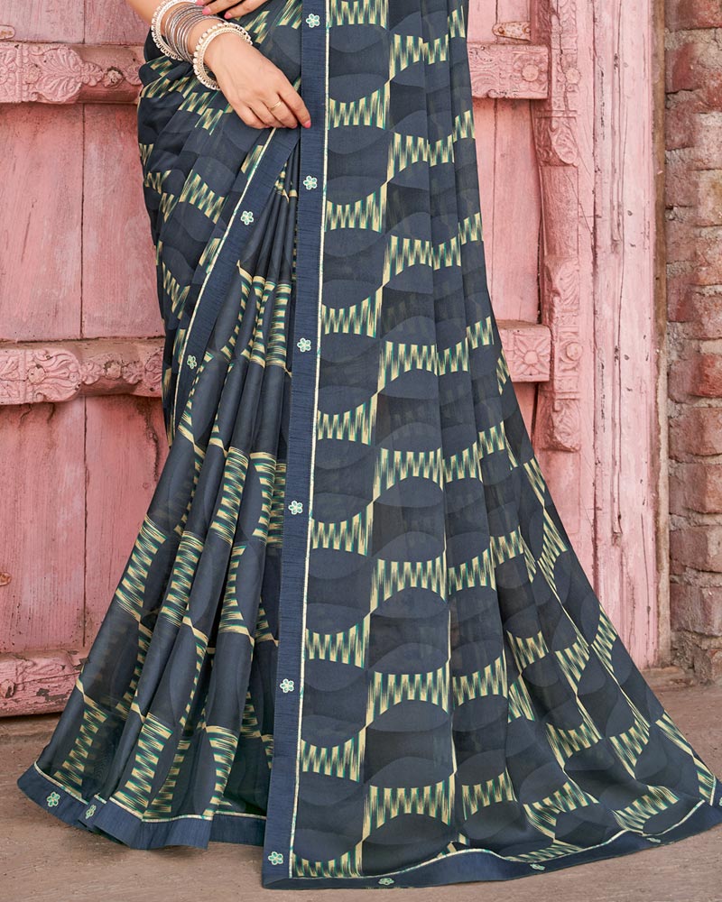 Vishal Prints Bright Grey Printed Criva Crepe Saree With Fancy Border
