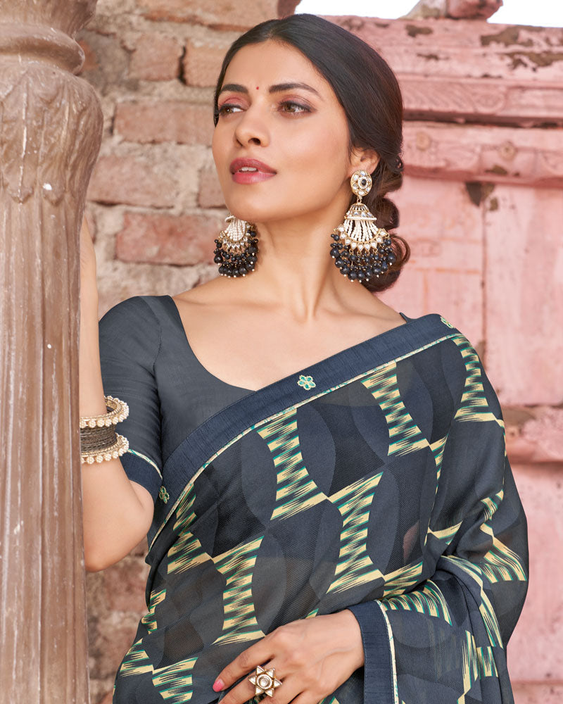 Vishal Prints Bright Grey Printed Criva Crepe Saree With Fancy Border