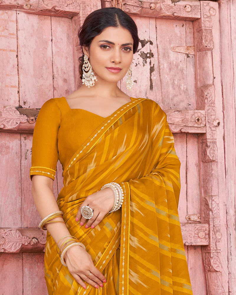 Vishal Prints Mustard Printed Criva Crepe Saree With Fancy Border