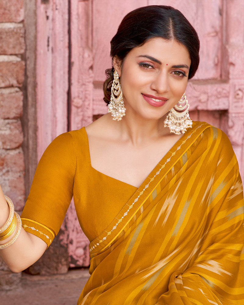 Vishal Prints Mustard Printed Criva Crepe Saree With Fancy Border