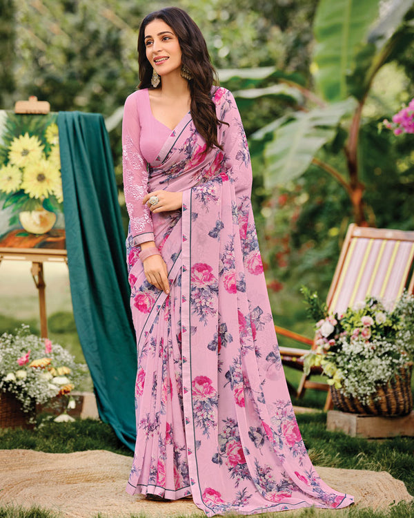 Vishal Prints Carnation Pink Printed Georgette Saree With Fancy Border