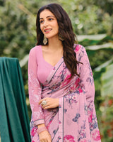 Vishal Prints Carnation Pink Printed Georgette Saree With Fancy Border