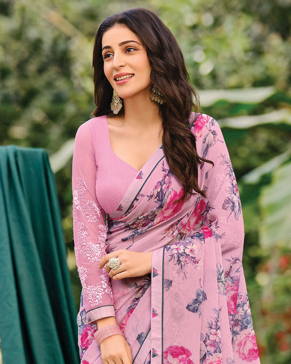 Vishal Prints Carnation Pink Printed Georgette Saree With Fancy Border