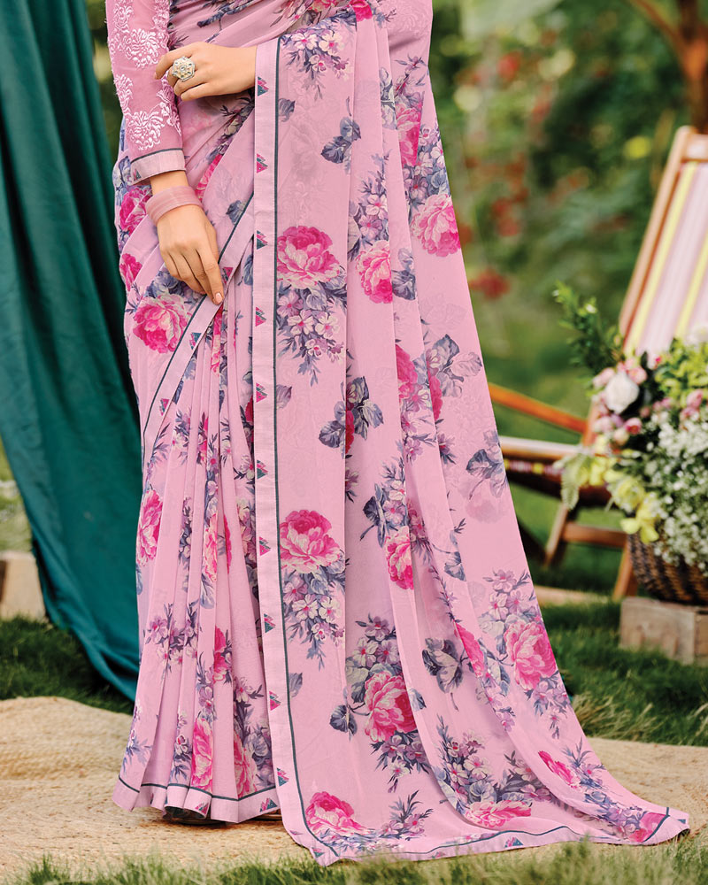 Vishal Prints Carnation Pink Printed Georgette Saree With Fancy Border