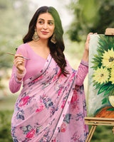 Vishal Prints Carnation Pink Printed Georgette Saree With Fancy Border