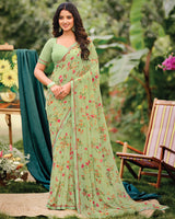 Vishal Prints Light Moss Green Printed Georgette Saree With Fancy Border