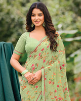 Vishal Prints Light Moss Green Printed Georgette Saree With Fancy Border