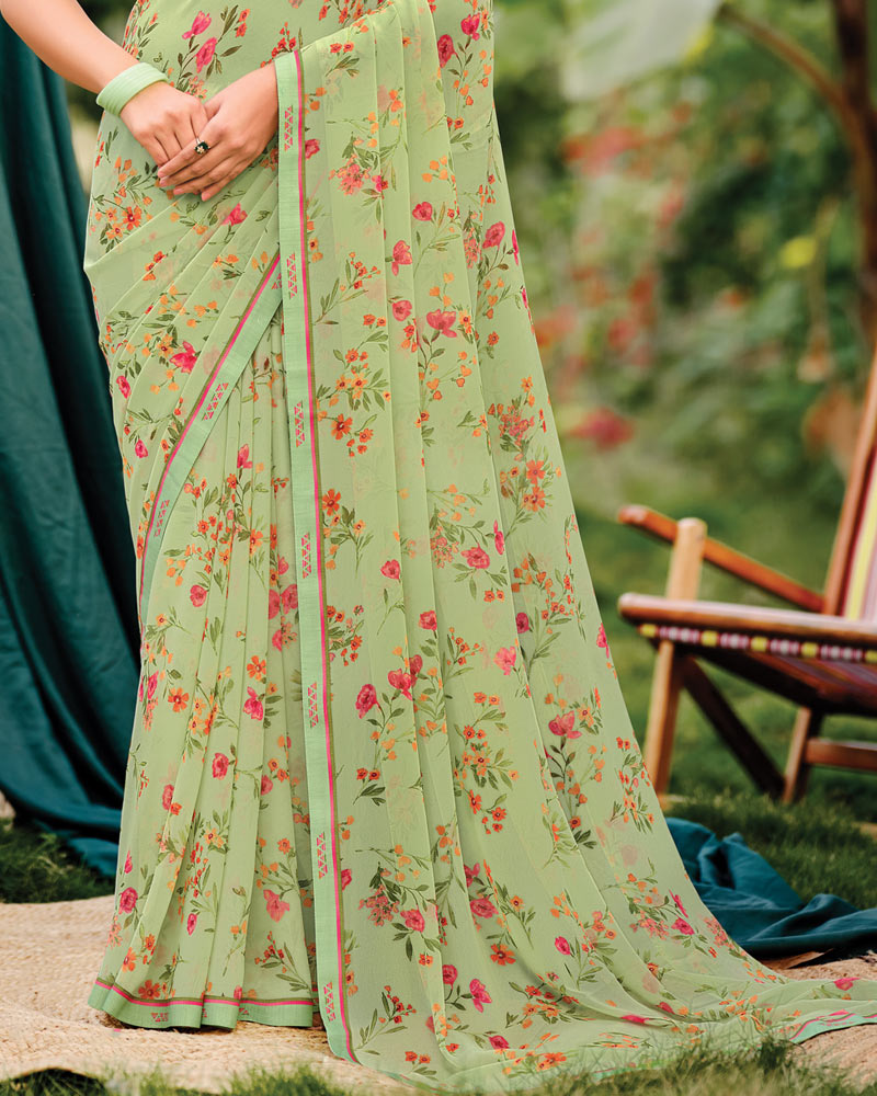 Vishal Prints Light Moss Green Printed Georgette Saree With Fancy Border