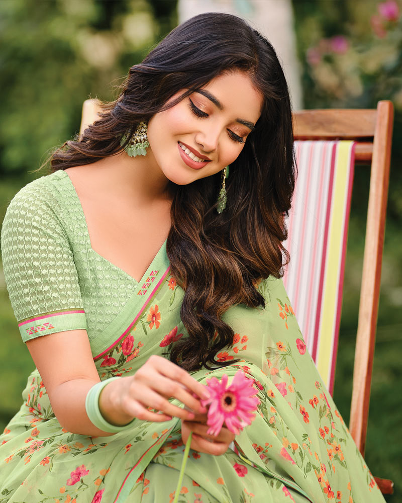 Vishal Prints Light Moss Green Printed Georgette Saree With Fancy Border