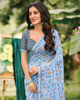 Vishal Prints Pastel Blue Printed Georgette Saree With Fancy Border
