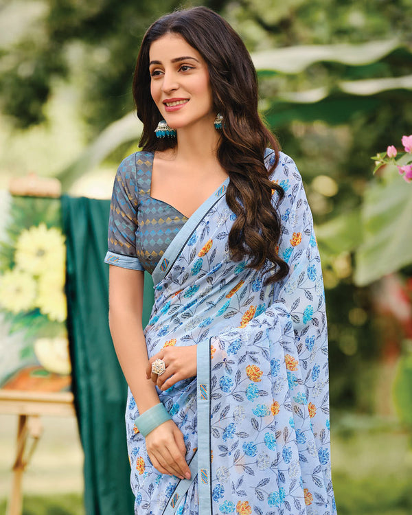 Vishal Prints Pastel Blue Printed Georgette Saree With Fancy Border