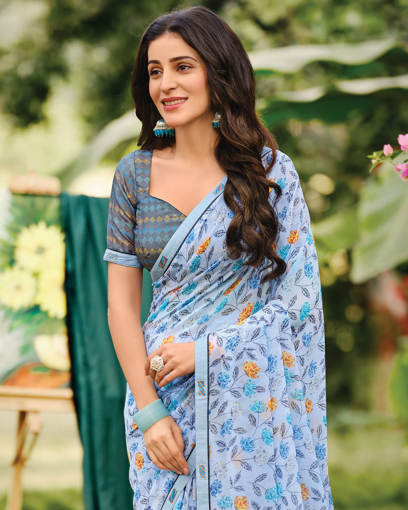 Vishal Prints Pastel Blue Printed Georgette Saree With Fancy Border
