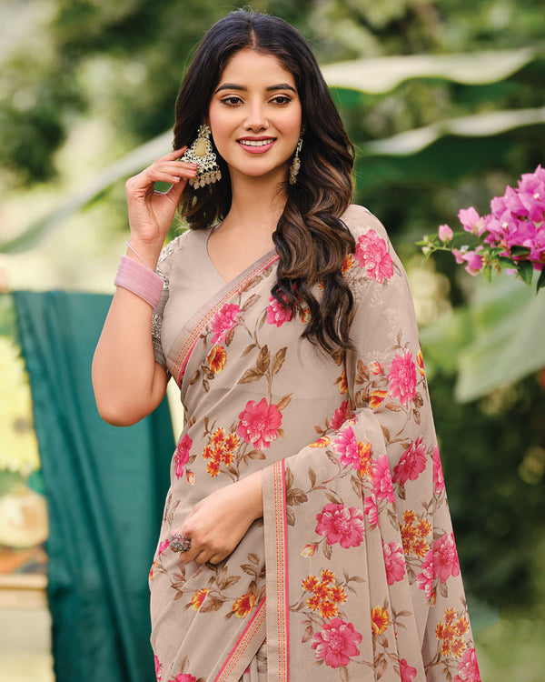 Vishal Prints Pastel Brown Printed Georgette Saree With Fancy Border