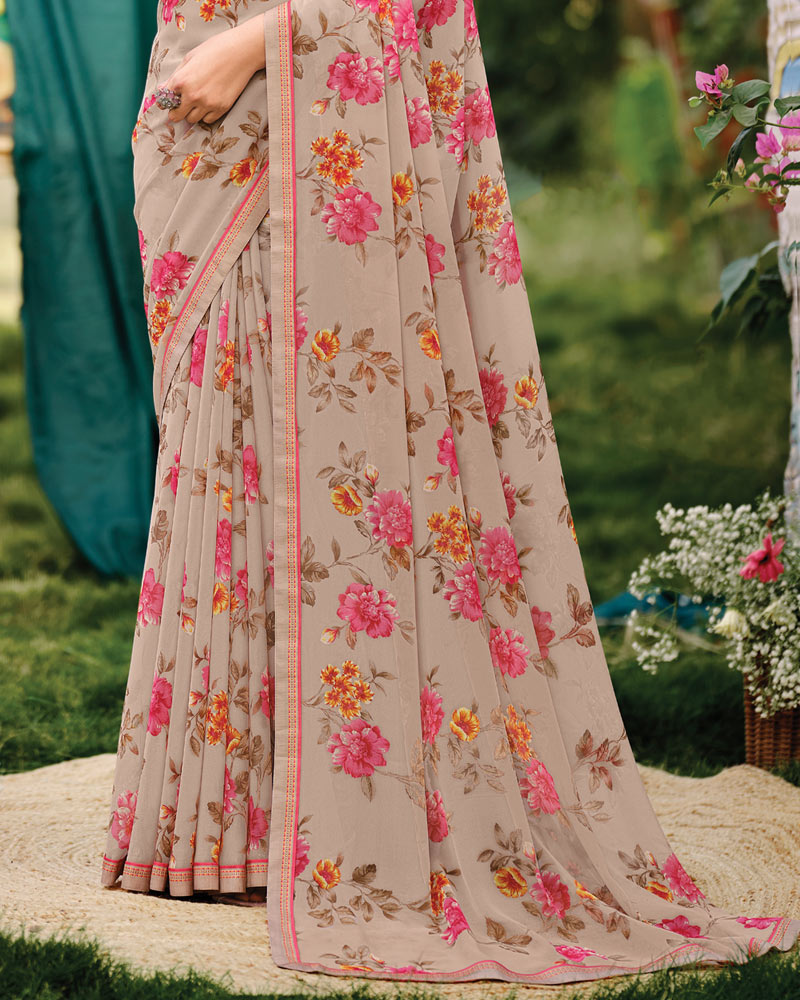 Vishal Prints Pastel Brown Printed Georgette Saree With Fancy Border