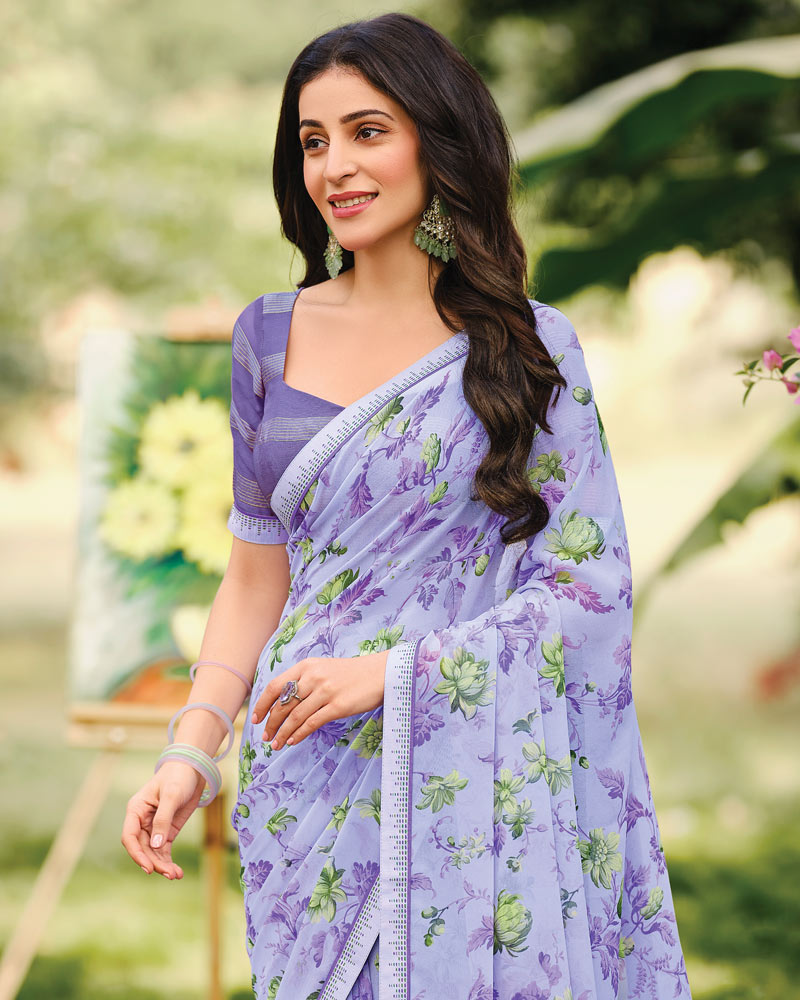 Vishal Prints Pastel Purple Printed Georgette Saree With Fancy Border