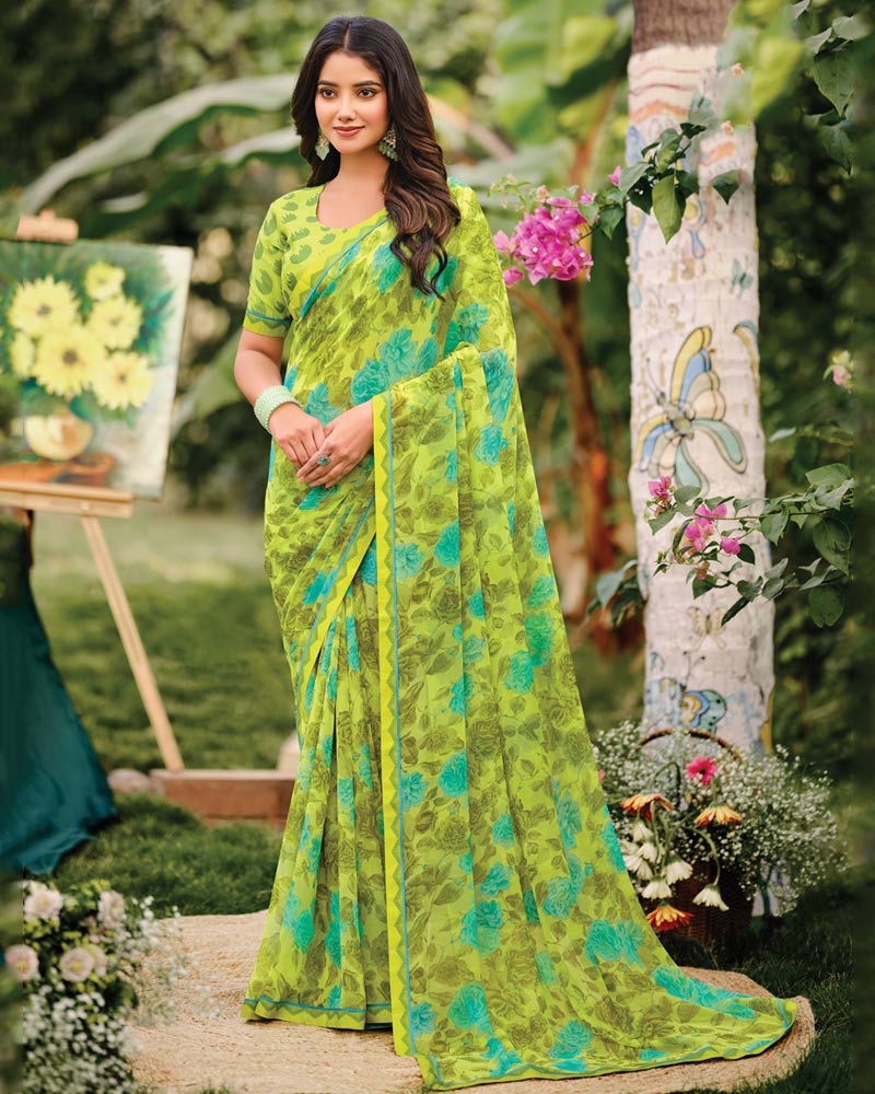Vishal Prints Avocado Green Printed Georgette Saree With Fancy Border