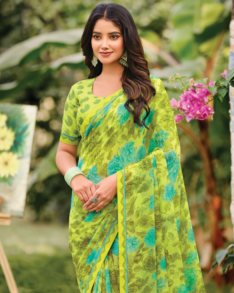 Vishal Prints Avocado Green Printed Georgette Saree With Fancy Border