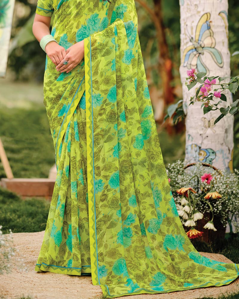 Vishal Prints Avocado Green Printed Georgette Saree With Fancy Border