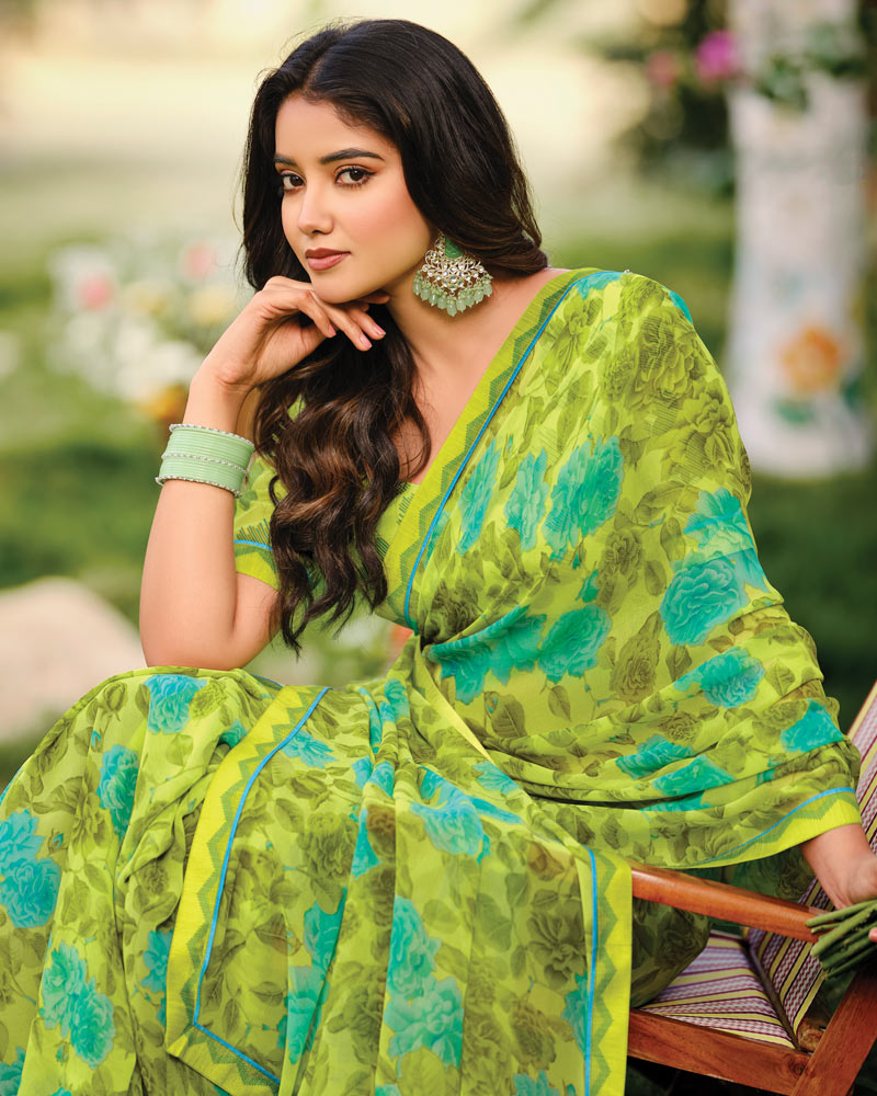 Vishal Prints Avocado Green Printed Georgette Saree With Fancy Border