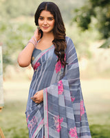 Vishal Prints Bluish Grey Printed Georgette Saree With Fancy Border