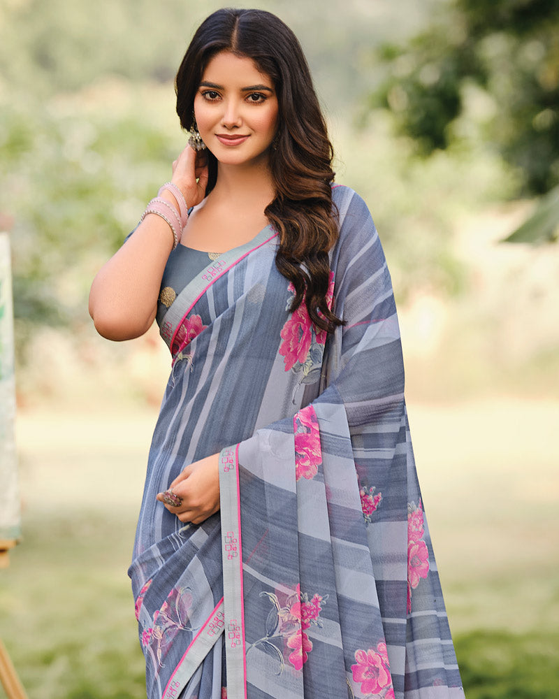 Vishal Prints Bluish Grey Printed Georgette Saree With Fancy Border