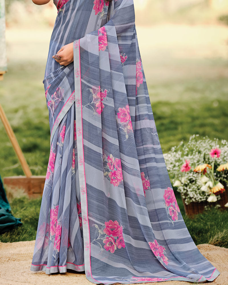 Vishal Prints Bluish Grey Printed Georgette Saree With Fancy Border