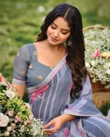 Vishal Prints Bluish Grey Printed Georgette Saree With Fancy Border