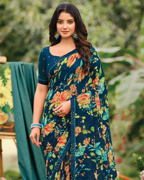 Vishal Prints Ink Blue Printed Georgette Saree With Fancy Border