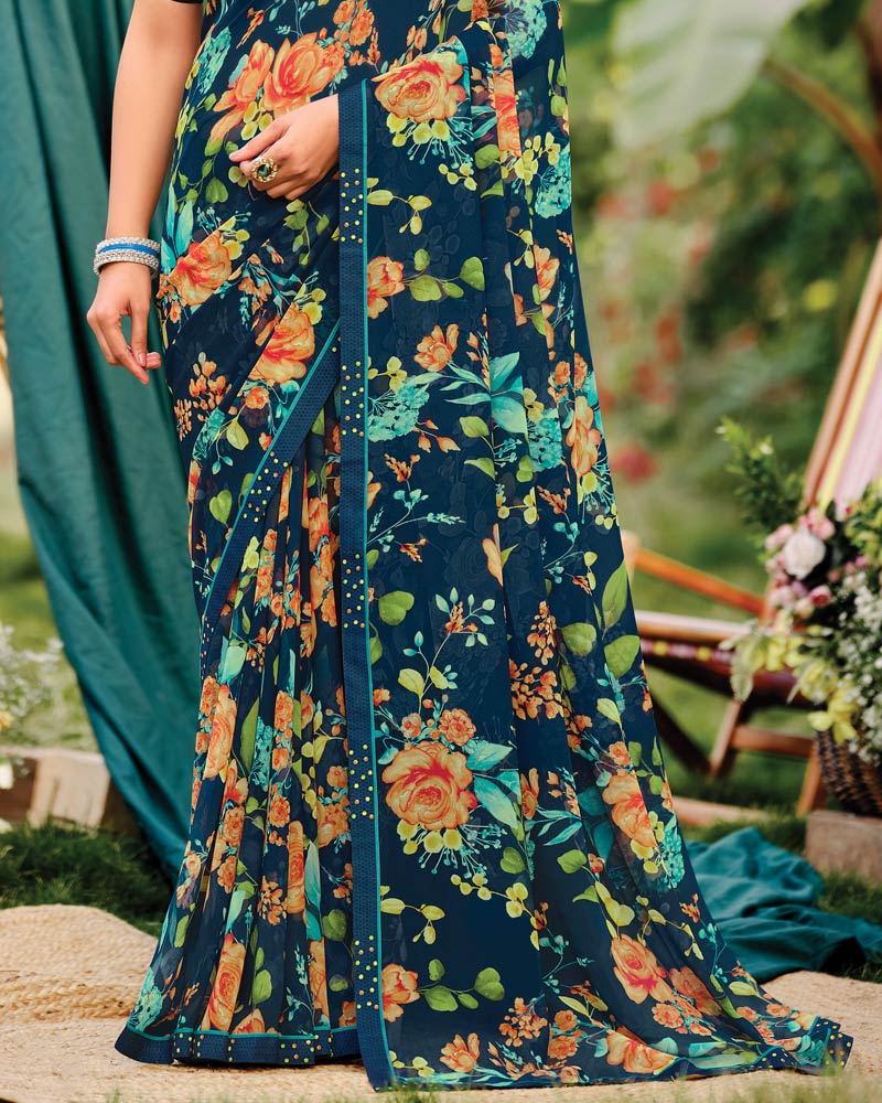 Vishal Prints Ink Blue Printed Georgette Saree With Fancy Border