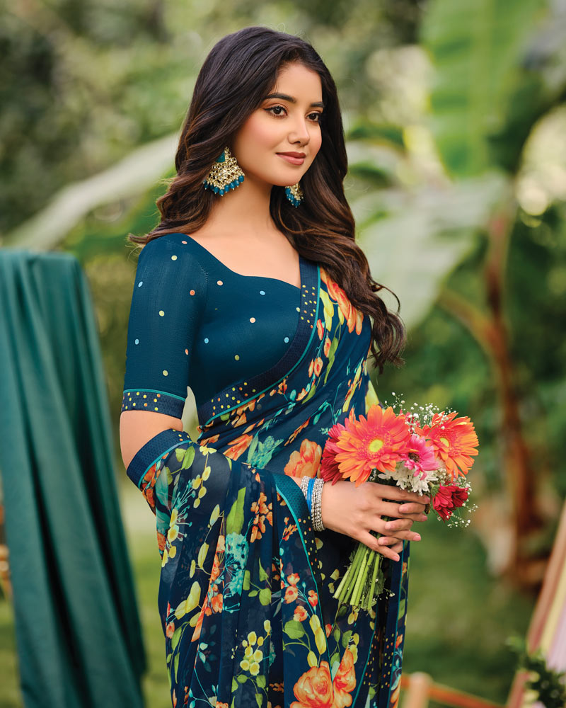 Vishal Prints Ink Blue Printed Georgette Saree With Fancy Border