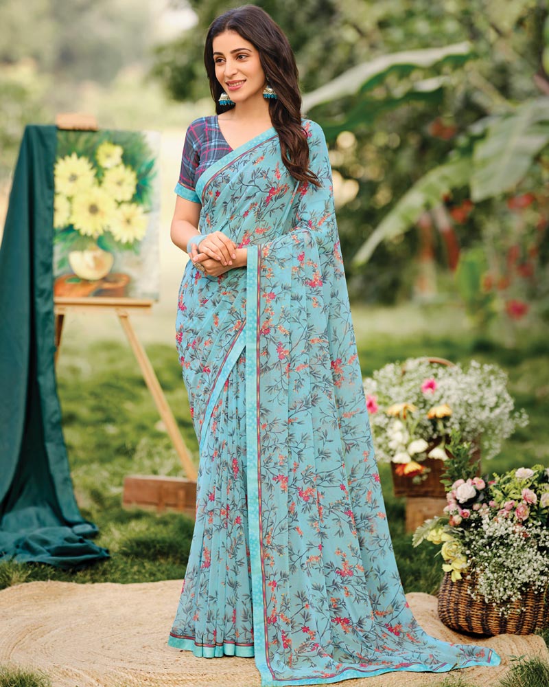 Vishal Prints Pastel Sky Blue Printed Georgette Saree With Fancy Border
