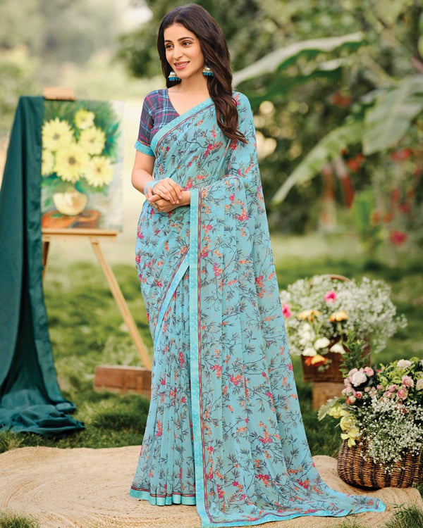 Vishal Prints Pastel Sky Blue Printed Georgette Saree With Fancy Border