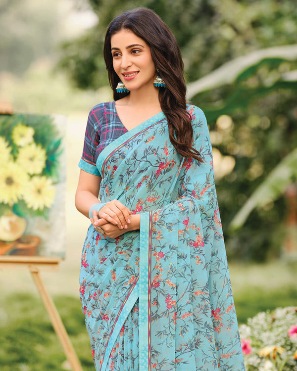 Vishal Prints Pastel Sky Blue Printed Georgette Saree With Fancy Border