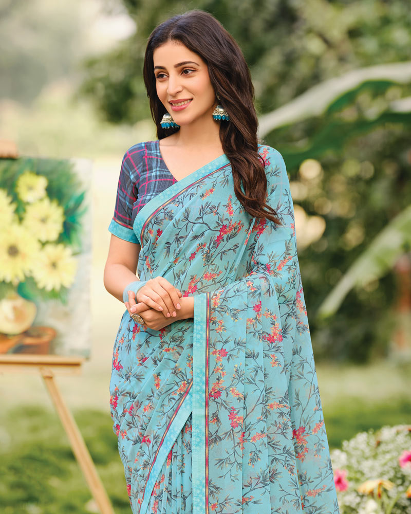 Vishal Prints Pastel Sky Blue Printed Georgette Saree With Fancy Border