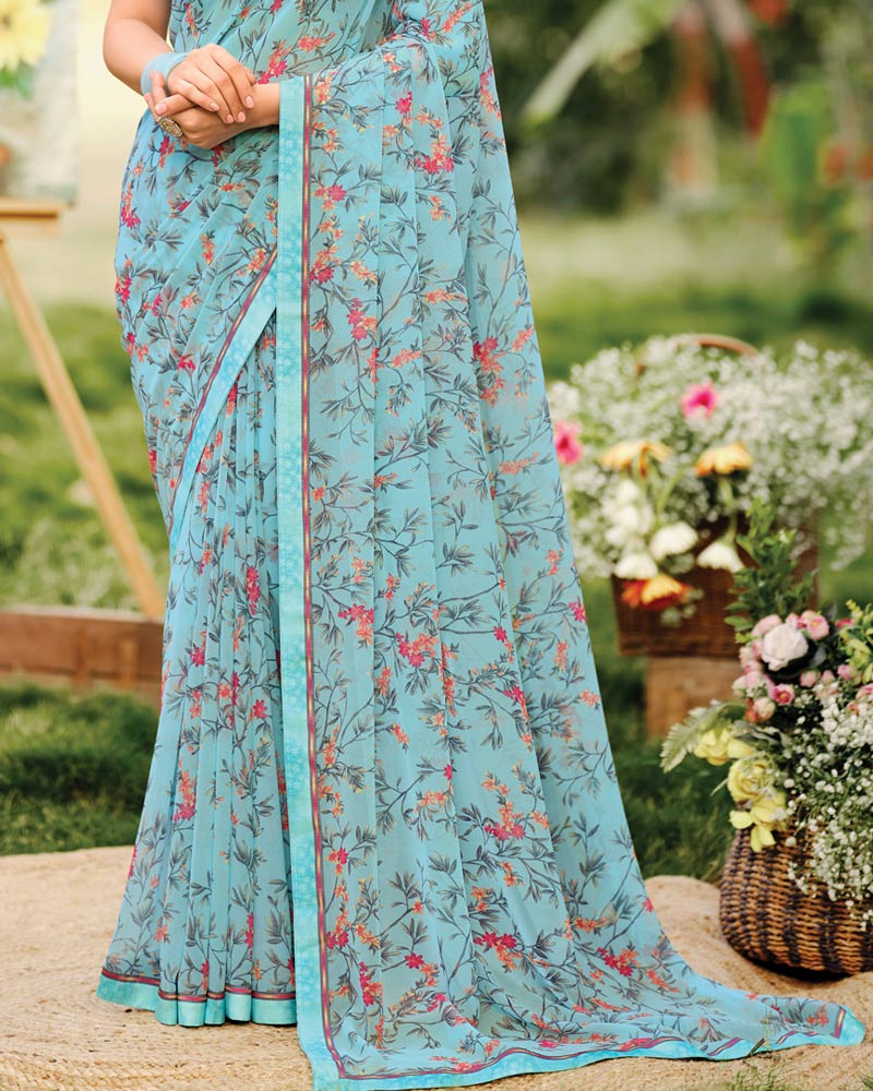 Vishal Prints Pastel Sky Blue Printed Georgette Saree With Fancy Border