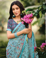 Vishal Prints Pastel Sky Blue Printed Georgette Saree With Fancy Border