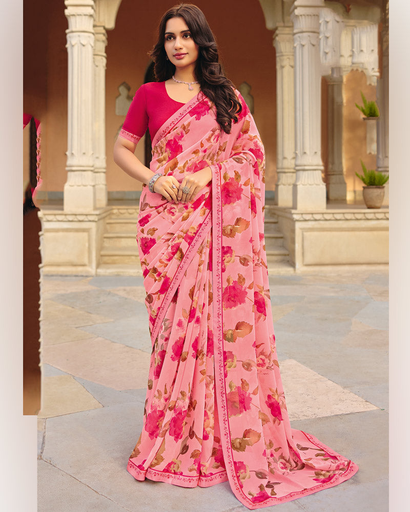 Vishal Prints Rose Pink Printed Georgette Saree With Fancy Border