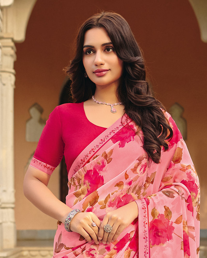 Vishal Prints Rose Pink Printed Georgette Saree With Fancy Border