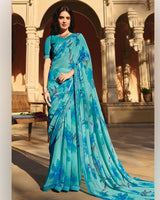 Vishal Prints Pacific Blue Printed Georgette Saree With Fancy Border