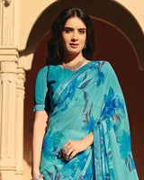 Vishal Prints Pacific Blue Printed Georgette Saree With Fancy Border